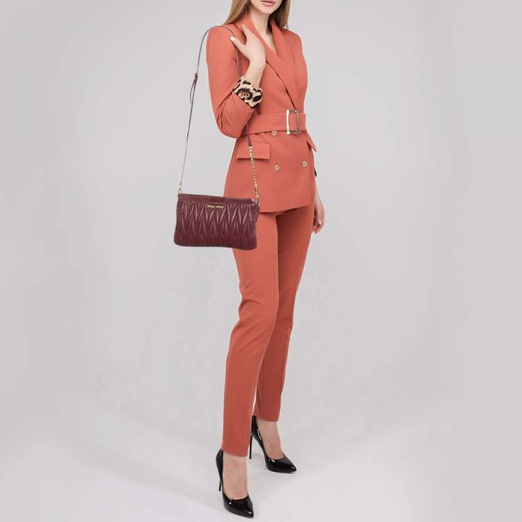 Pre Owned Miu Miu Burgundy Matelassé Leather Frame Chain Clutch