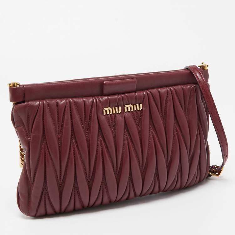 Pre Owned Miu Miu Burgundy Matelassé Leather Frame Chain Clutch