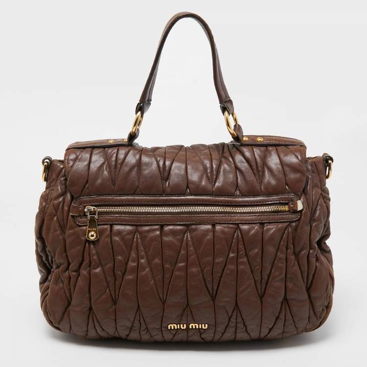 Pre Owned Miu Miu Brown Matelasse Leather Zip Satchel