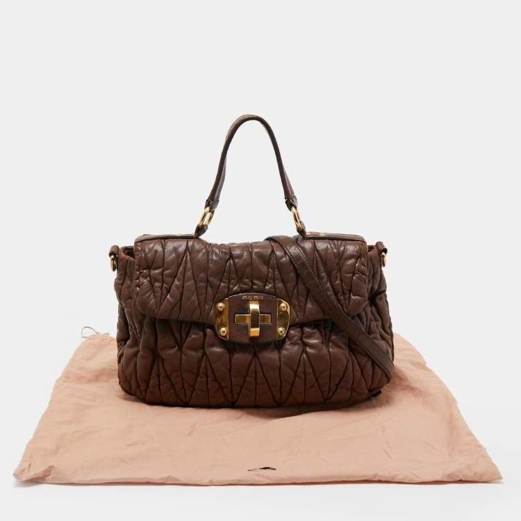 Pre Owned Miu Miu Brown Matelasse Leather Zip Satchel