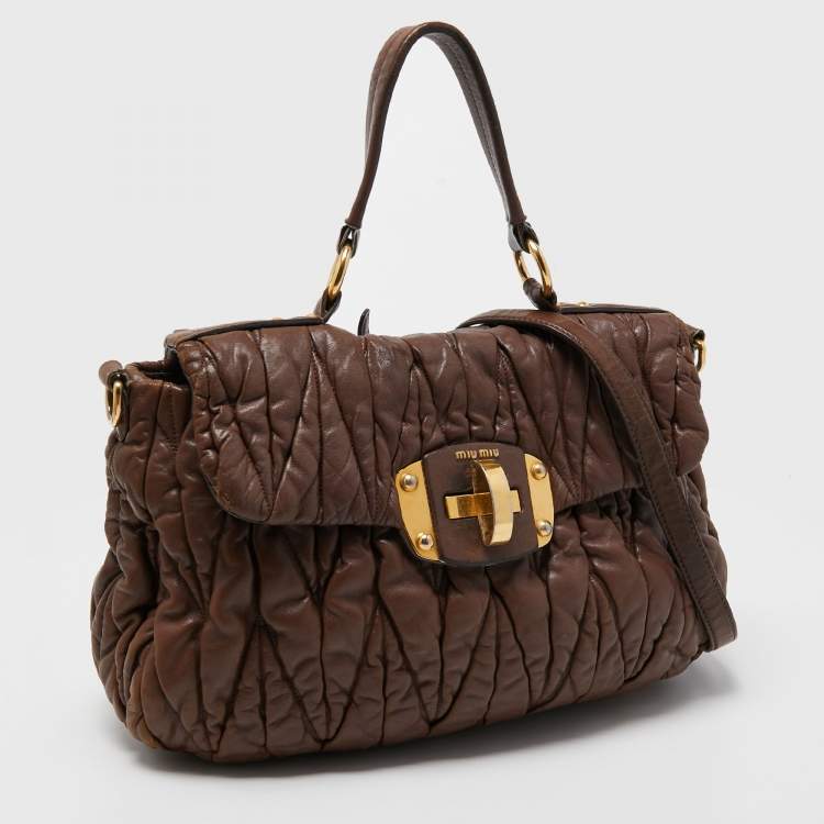 Pre Owned Miu Miu Brown Matelasse Leather Zip Satchel