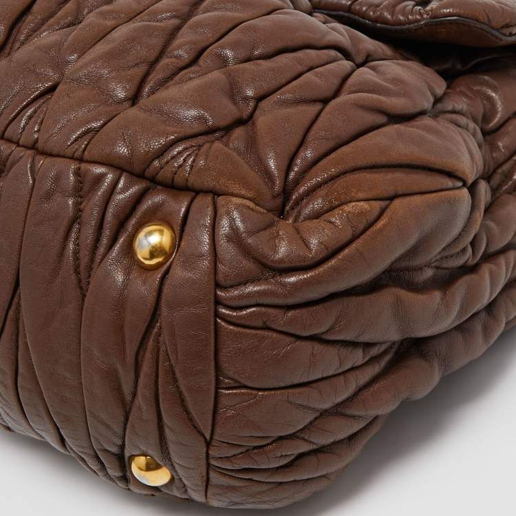 Pre Owned Miu Miu Brown Matelasse Leather Zip Satchel