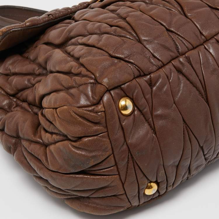 Pre Owned Miu Miu Brown Matelasse Leather Zip Satchel