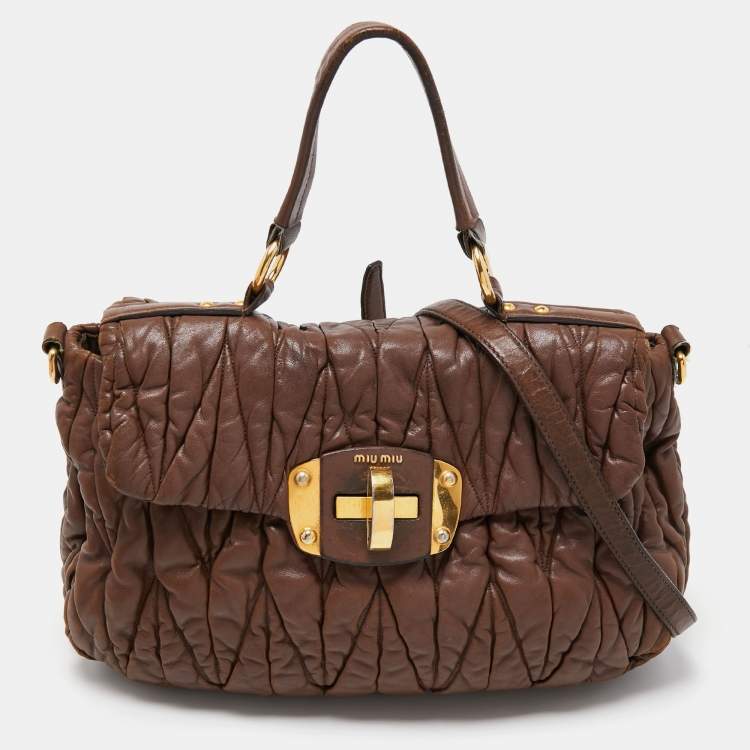 Pre Owned Miu Miu Brown Matelasse Leather Zip Satchel