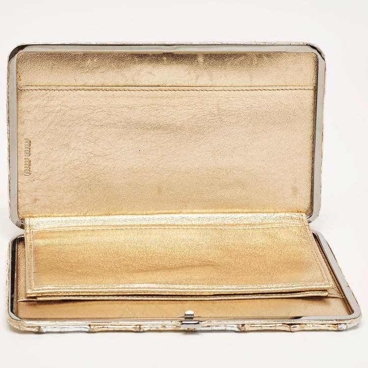 Pre Owned Miu Miu Silver/Gold Snakeskin Embossed Leather Frame Clutch 