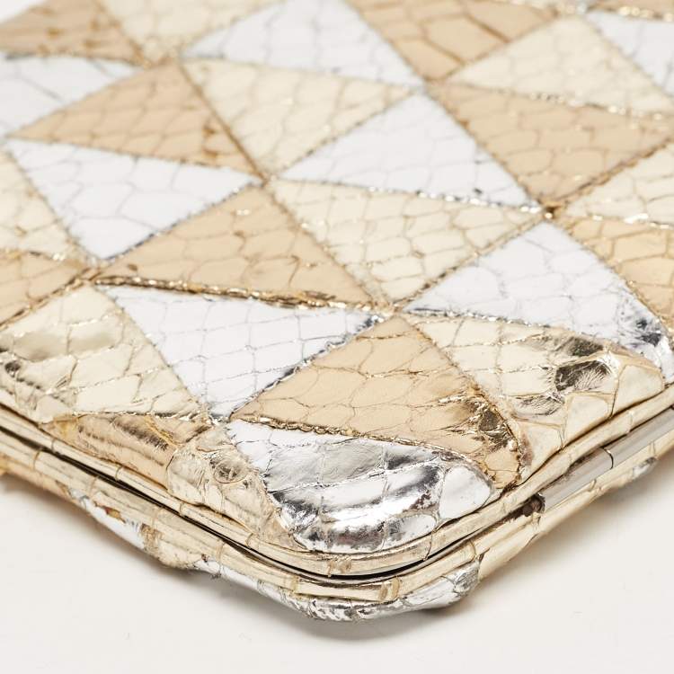 Pre Owned Miu Miu Silver/Gold Snakeskin Embossed Leather Frame Clutch 