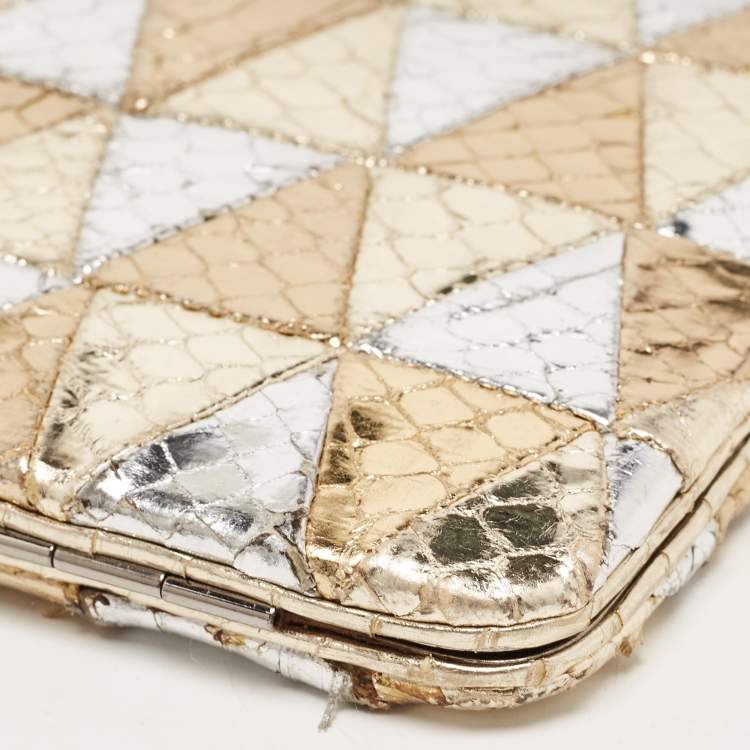 Pre Owned Miu Miu Silver/Gold Snakeskin Embossed Leather Frame Clutch 