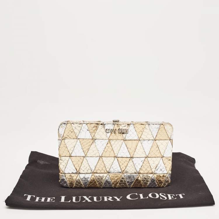 Pre Owned Miu Miu Silver/Gold Snakeskin Embossed Leather Frame Clutch 