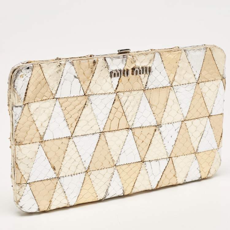 Pre Owned Miu Miu Silver/Gold Snakeskin Embossed Leather Frame Clutch 