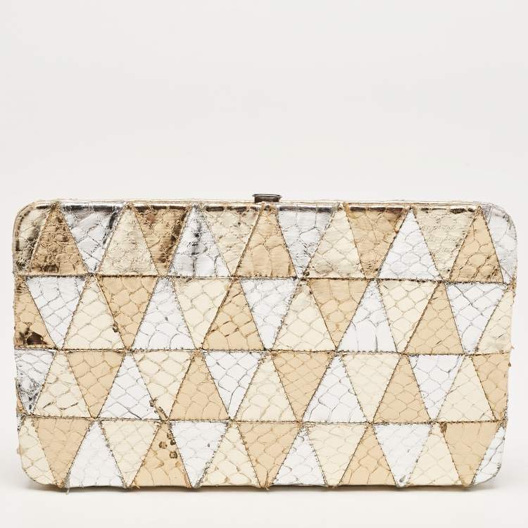 Pre Owned Miu Miu Silver/Gold Snakeskin Embossed Leather Frame Clutch 