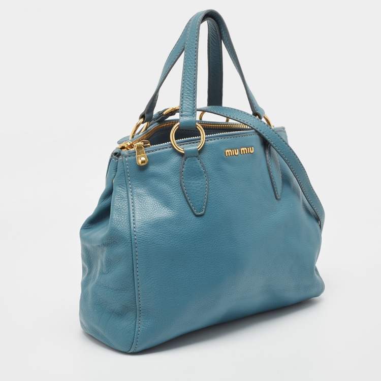 Pre Owned Miu Miu Blue Pebbled Leather Double Zip Convertible Tote