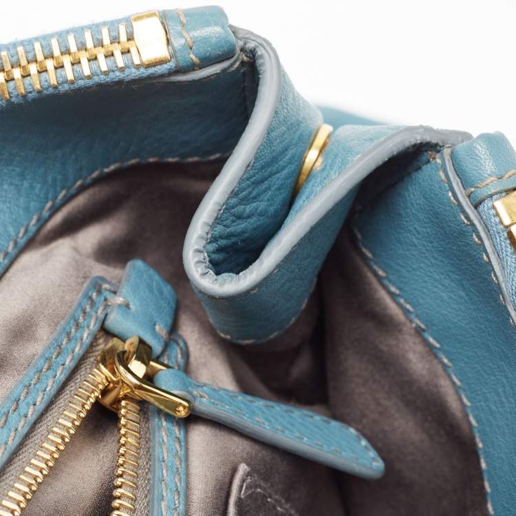 Pre Owned Miu Miu Blue Pebbled Leather Double Zip Convertible Tote