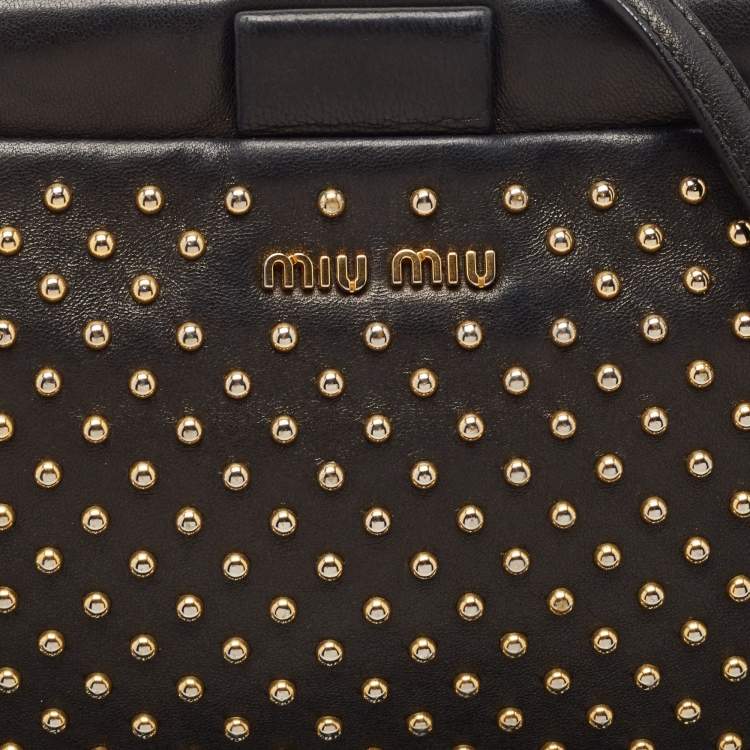 Pre Owned Miu Miu Black Leather Studded Frame Crossbody Bag
