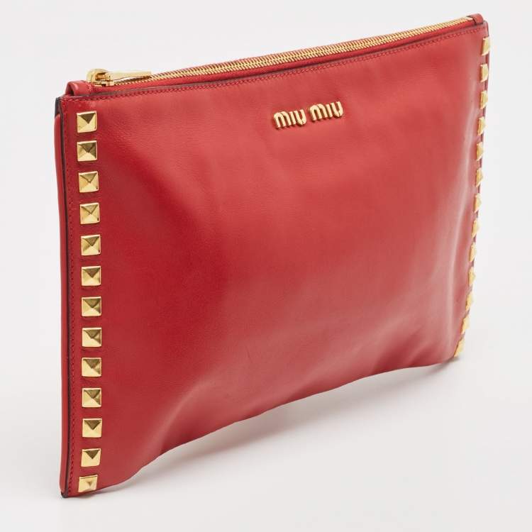 Pre Owned Miu Miu Red Leather Studded Zip Pouch