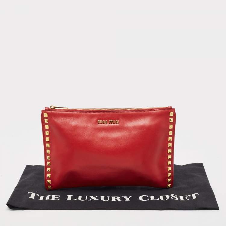 Pre Owned Miu Miu Red Leather Studded Zip Pouch