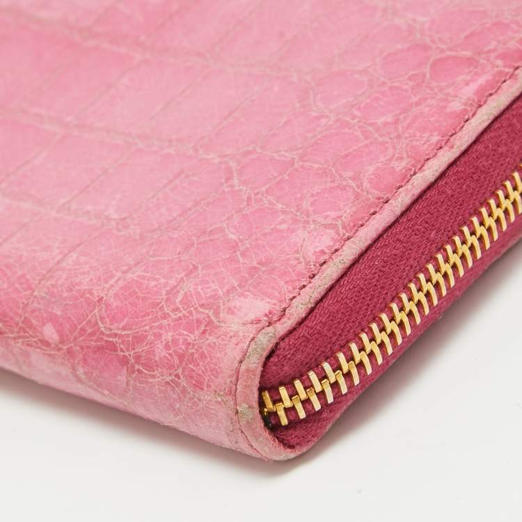 Pre Owned Miu Miu Pink Croc Effect Patent Leather Continental Zip Wallet