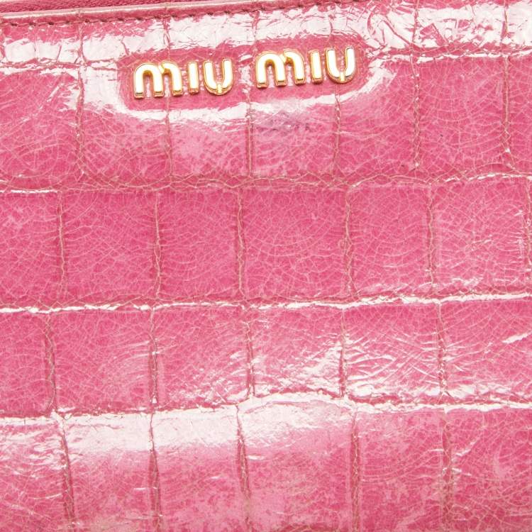 Pre Owned Miu Miu Pink Croc Effect Patent Leather Continental Zip Wallet