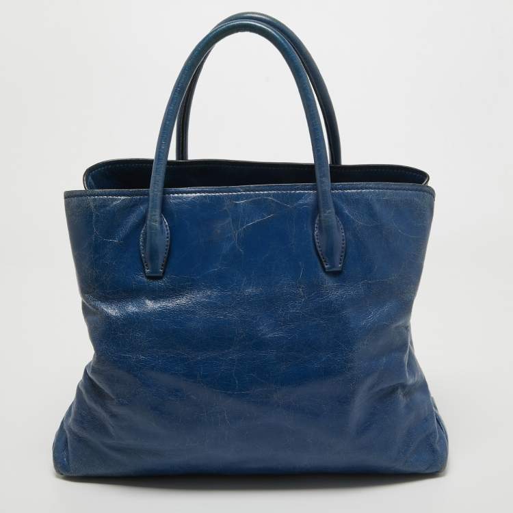 Pre Owned Miu Miu Blue Leather Vitello Tote 