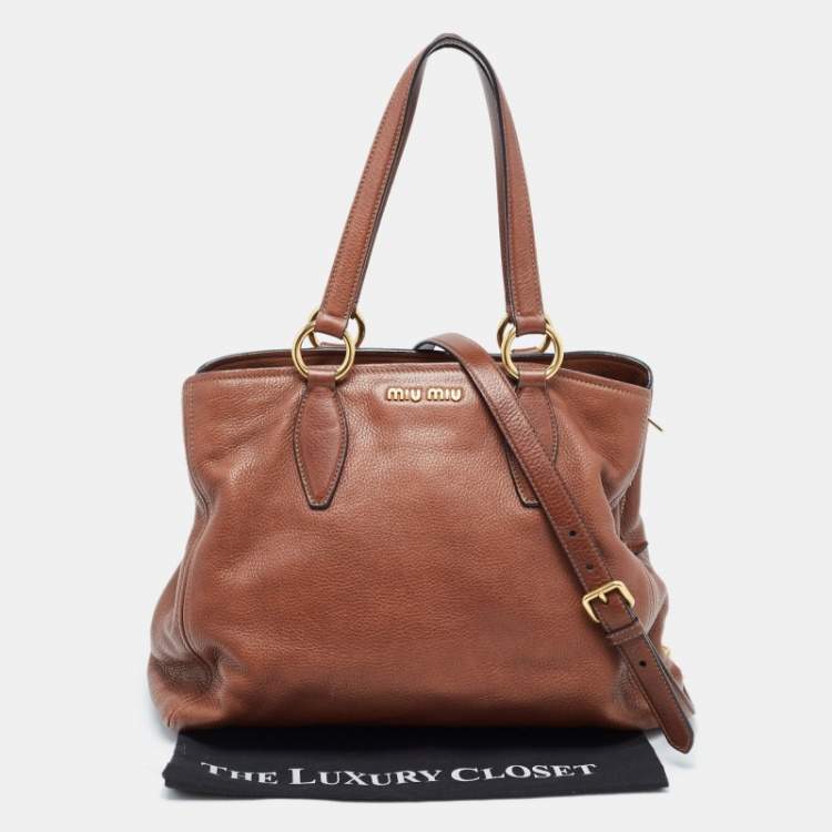 Pre Owned Miu Miu Brown Pebbled Leather Double Zip Convertible Tote