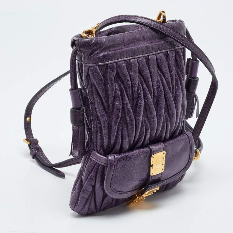Pre Owned Miu Miu Purple Matelassé Leather Drawstring Crossbody Bag