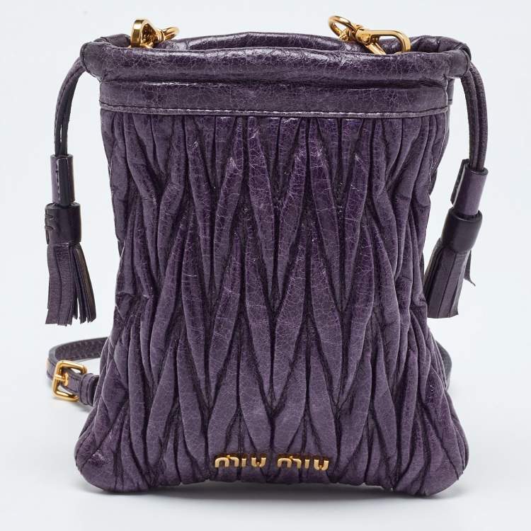 Pre Owned Miu Miu Purple Matelassé Leather Drawstring Crossbody Bag