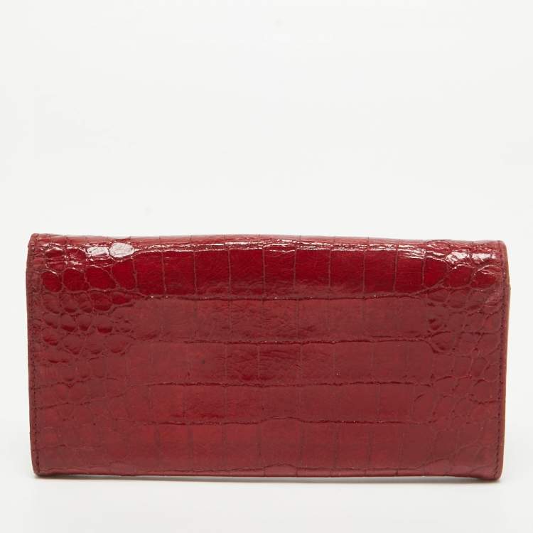 Pre Owned Miu Miu Red Croc Embossed Patent Leather Flap Continental Wallet
