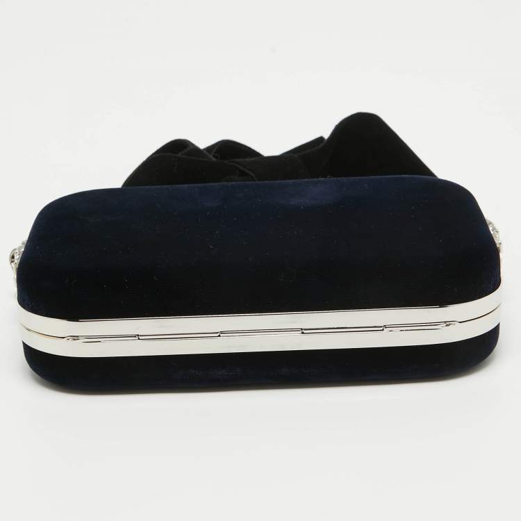 Pre Owned Miu Miu Navy Blue Velvet Pearl and Crystal Embellished Box Chain Clutch