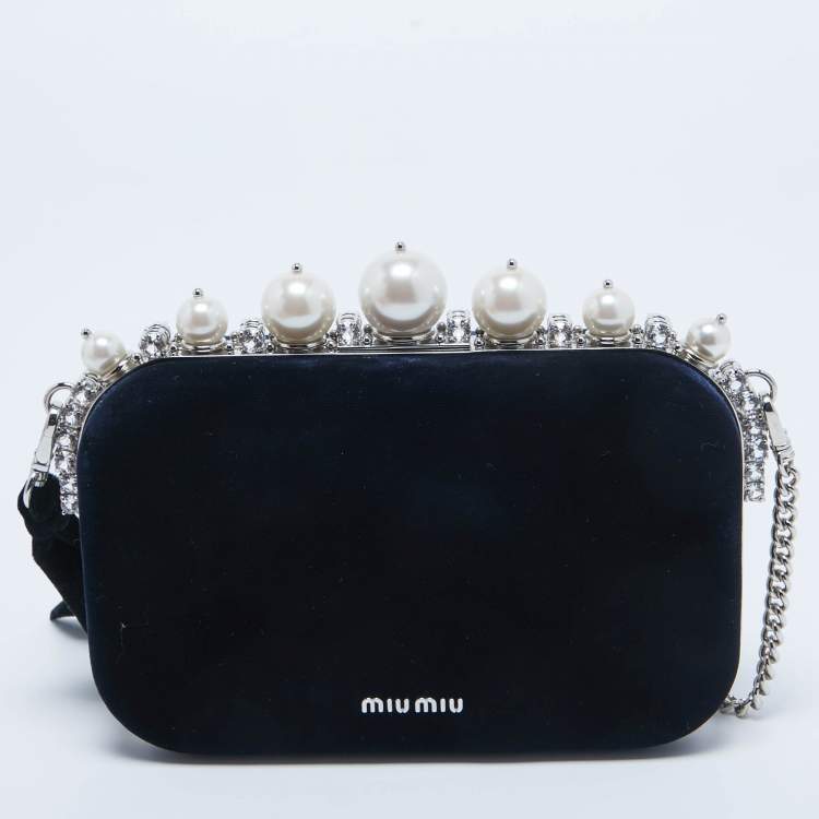 Pre Owned Miu Miu Navy Blue Velvet Pearl and Crystal Embellished Box Chain Clutch