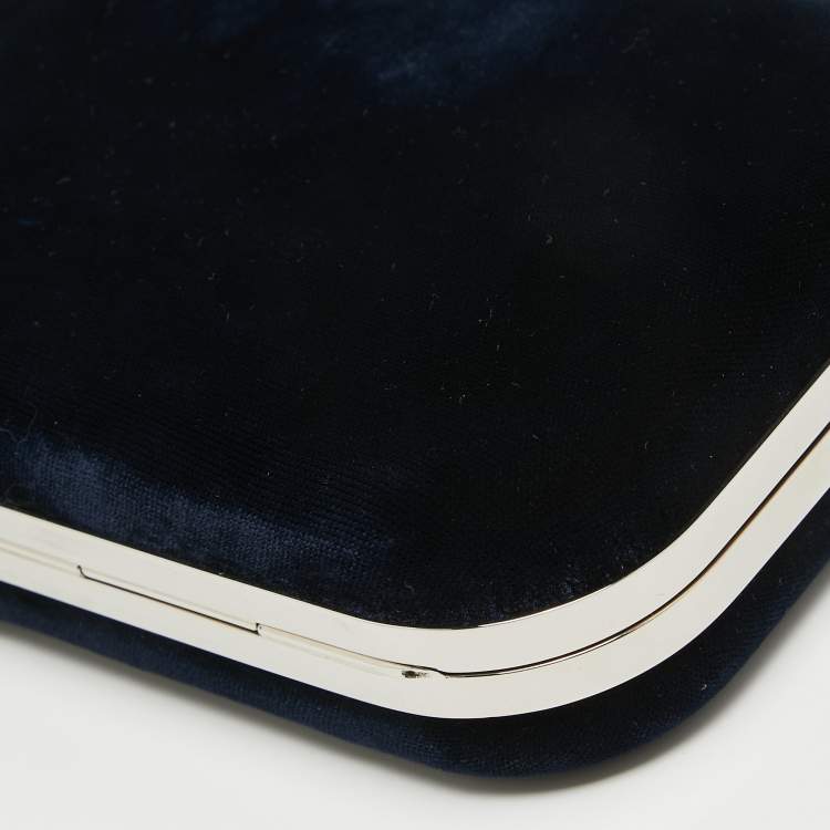 Pre Owned Miu Miu Navy Blue Velvet Pearl and Crystal Embellished Box Chain Clutch