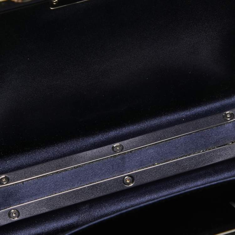 Pre Owned Miu Miu Navy Blue Velvet Pearl and Crystal Embellished Box Chain Clutch