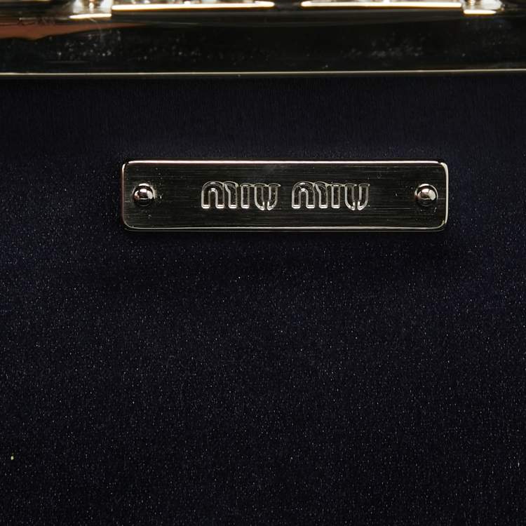 Pre Owned Miu Miu Navy Blue Velvet Pearl and Crystal Embellished Box Chain Clutch