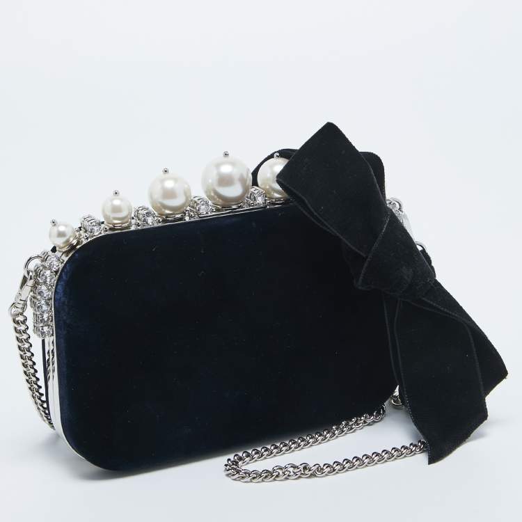 Pre Owned Miu Miu Navy Blue Velvet Pearl and Crystal Embellished Box Chain Clutch