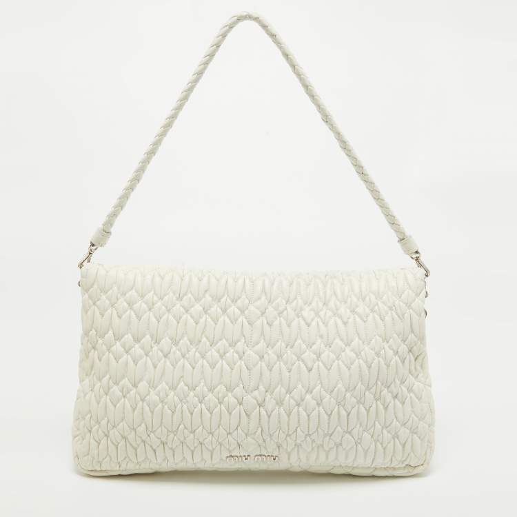 Pre Owned Miu Miu Off White Matelassé Leather Crystal Cloqué Flap Shoulder Bag