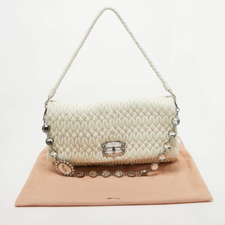 Pre Owned Miu Miu Off White Matelassé Leather Crystal Cloqué Flap Shoulder Bag