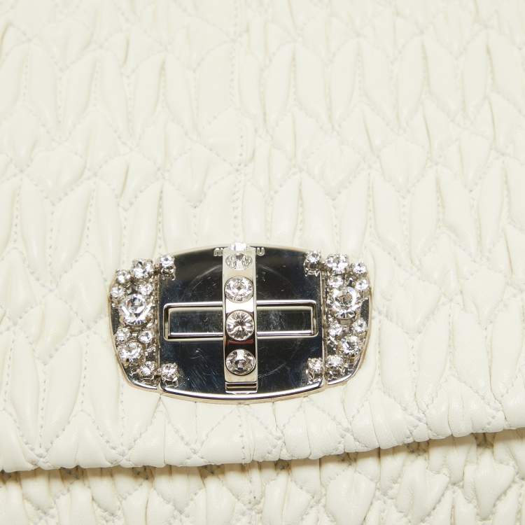 Pre Owned Miu Miu Off White Matelassé Leather Crystal Cloqué Flap Shoulder Bag