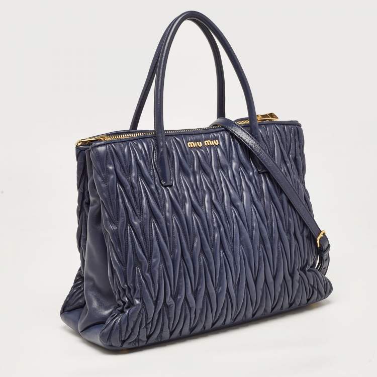 Pre Owned Miu Miu Navy Blue Matalasse Leather Tote