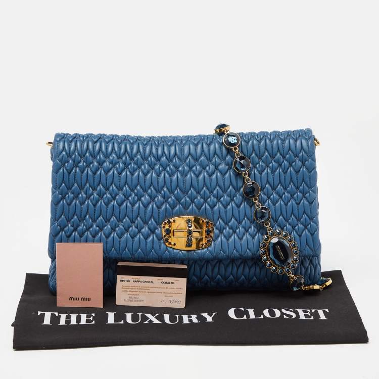 Pre Owned Miu Miu Blue Matelasse Leather Crystal Shoulder Bag