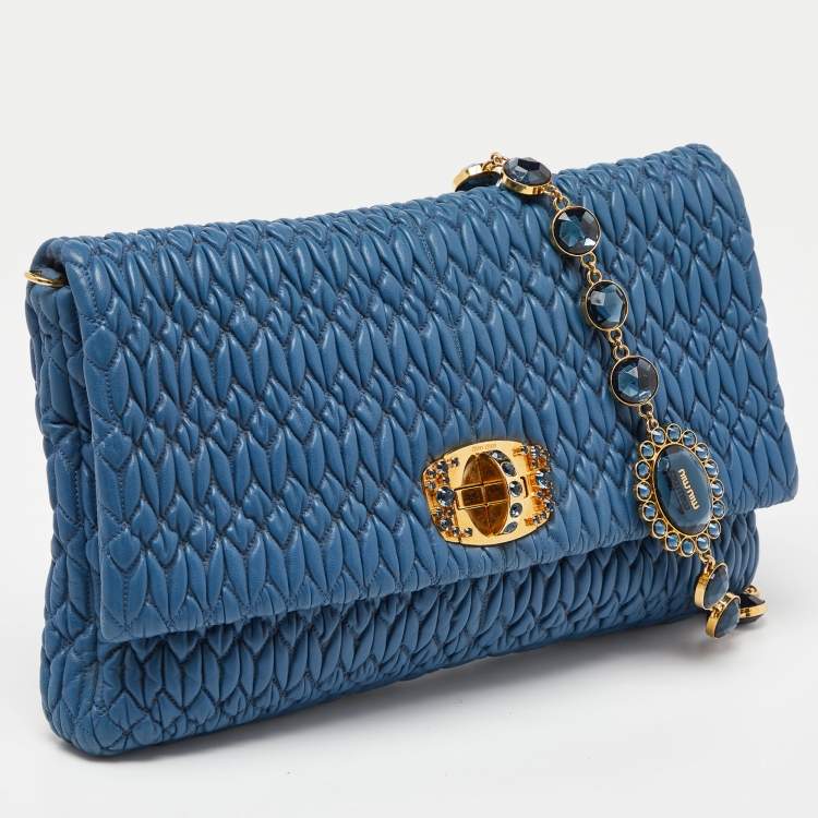 Pre Owned Miu Miu Blue Matelasse Leather Crystal Shoulder Bag