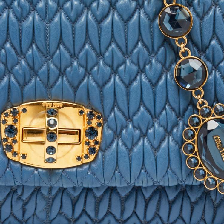 Pre Owned Miu Miu Blue Matelasse Leather Crystal Shoulder Bag