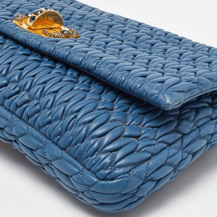 Pre Owned Miu Miu Blue Matelasse Leather Crystal Shoulder Bag