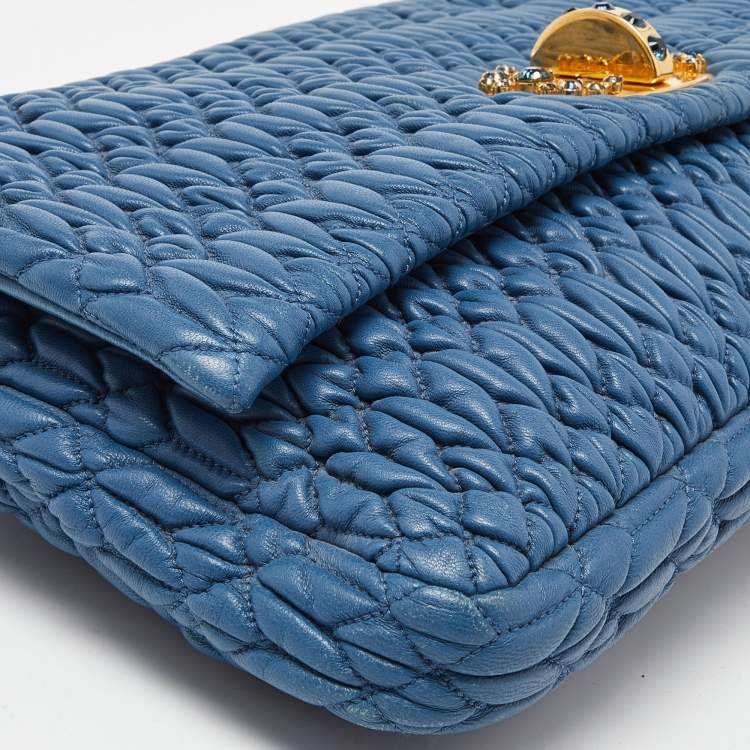 Pre Owned Miu Miu Blue Matelasse Leather Crystal Shoulder Bag