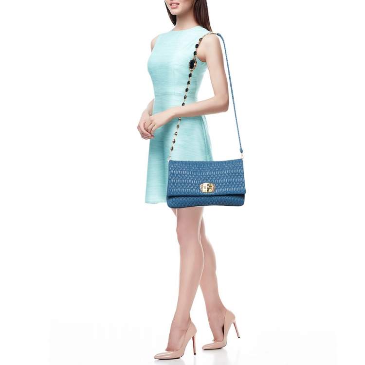Pre Owned Miu Miu Blue Matelasse Leather Crystal Shoulder Bag