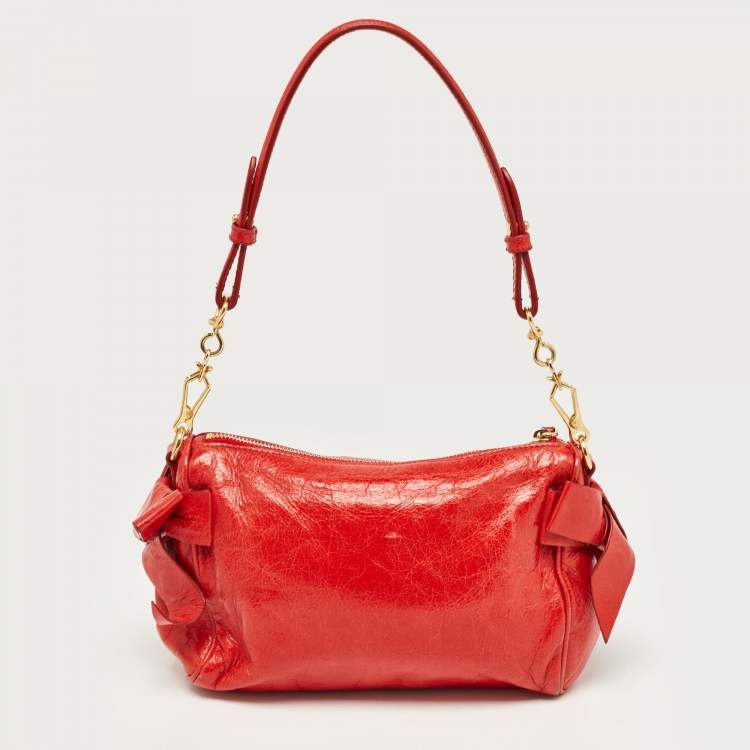 Pre Owned Miu Miu Red Vitello Lux Leather Bow Pochette Bag