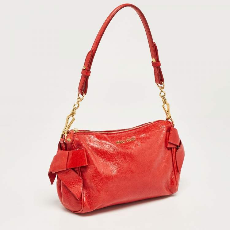 Pre Owned Miu Miu Red Vitello Lux Leather Bow Pochette Bag