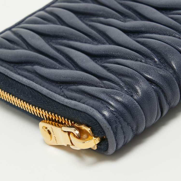 Pre Owned Miu Miu Navy Blue Matelasse Leather Zip Around Wallet