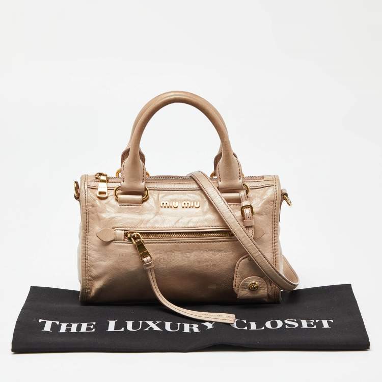 Pre Owned Miu Miu Beige Vitello Shine Leather Bauletto Zip Satchel