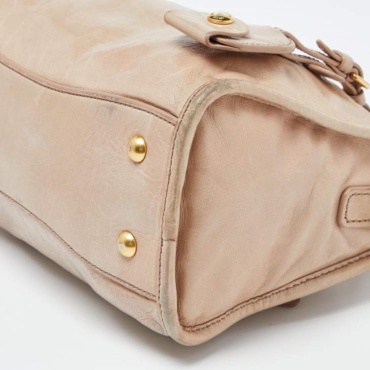 Pre Owned Miu Miu Beige Vitello Shine Leather Bauletto Zip Satchel