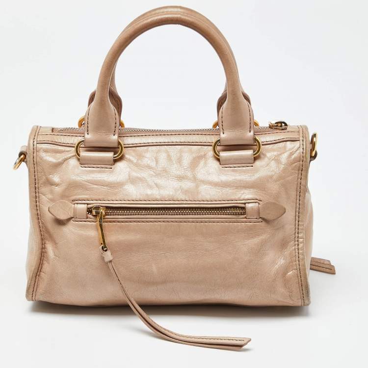 Pre Owned Miu Miu Beige Vitello Shine Leather Bauletto Zip Satchel