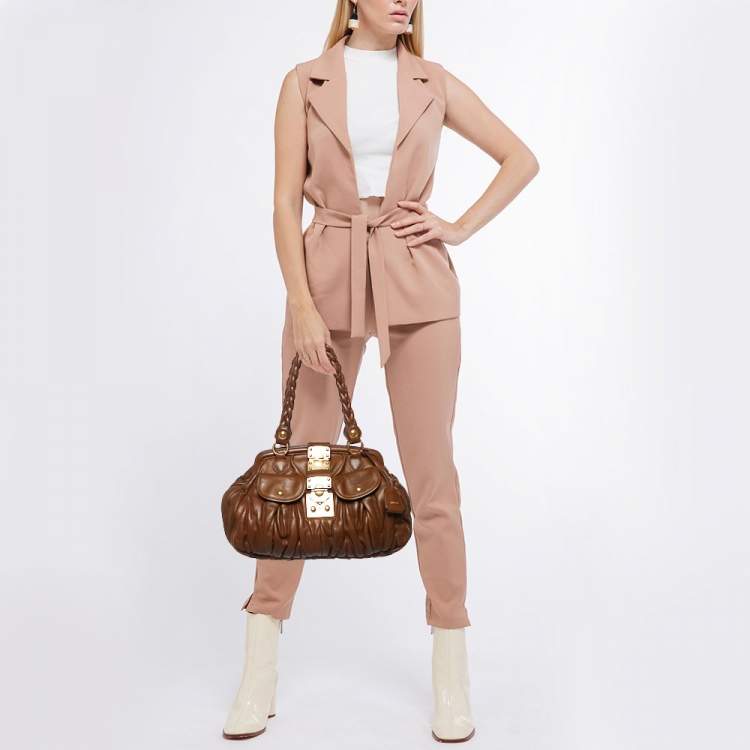 Pre Owned Miu Miu Brown Matelassé Leather Coffer Frame Satchel