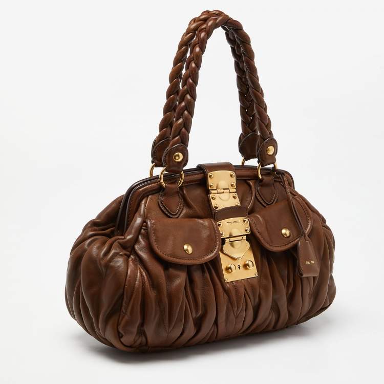 Pre Owned Miu Miu Brown Matelassé Leather Coffer Frame Satchel